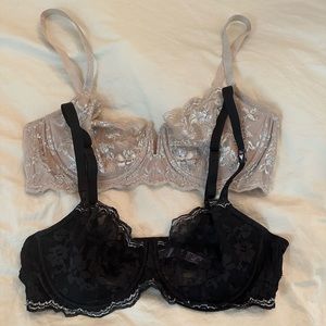 2 Victoria’s Secret unlined lace balconette bras. One black, one pale nude. 38D